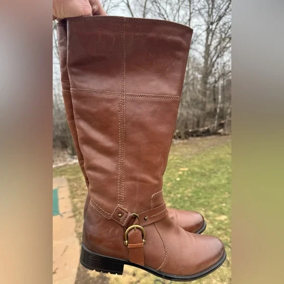 Clarks Brown Leather Riding Boots Harness Strap Mid Calf Women’s 8 Classic - Picture 3 of 14